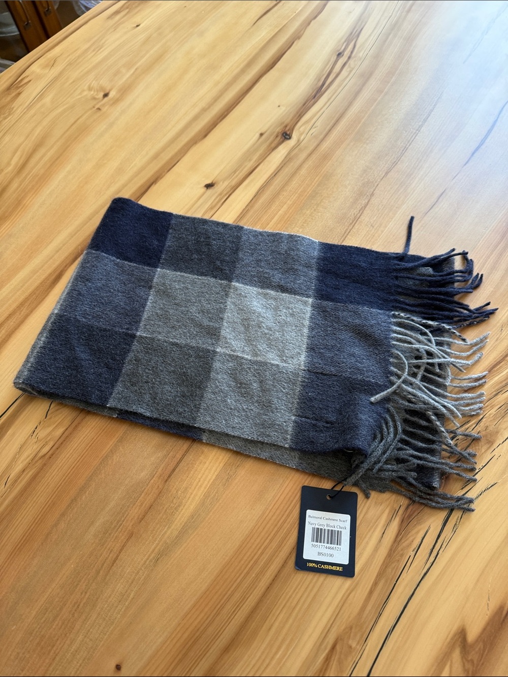 Men's Checked Fringe Scarf in Navy & Gray